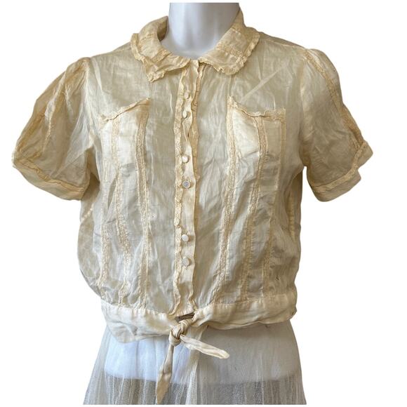 Vtg Sheer Cream "ShirtWaist" Blouse Lace Trim, Ties At Waist, Women SP - Picture 3 of 11